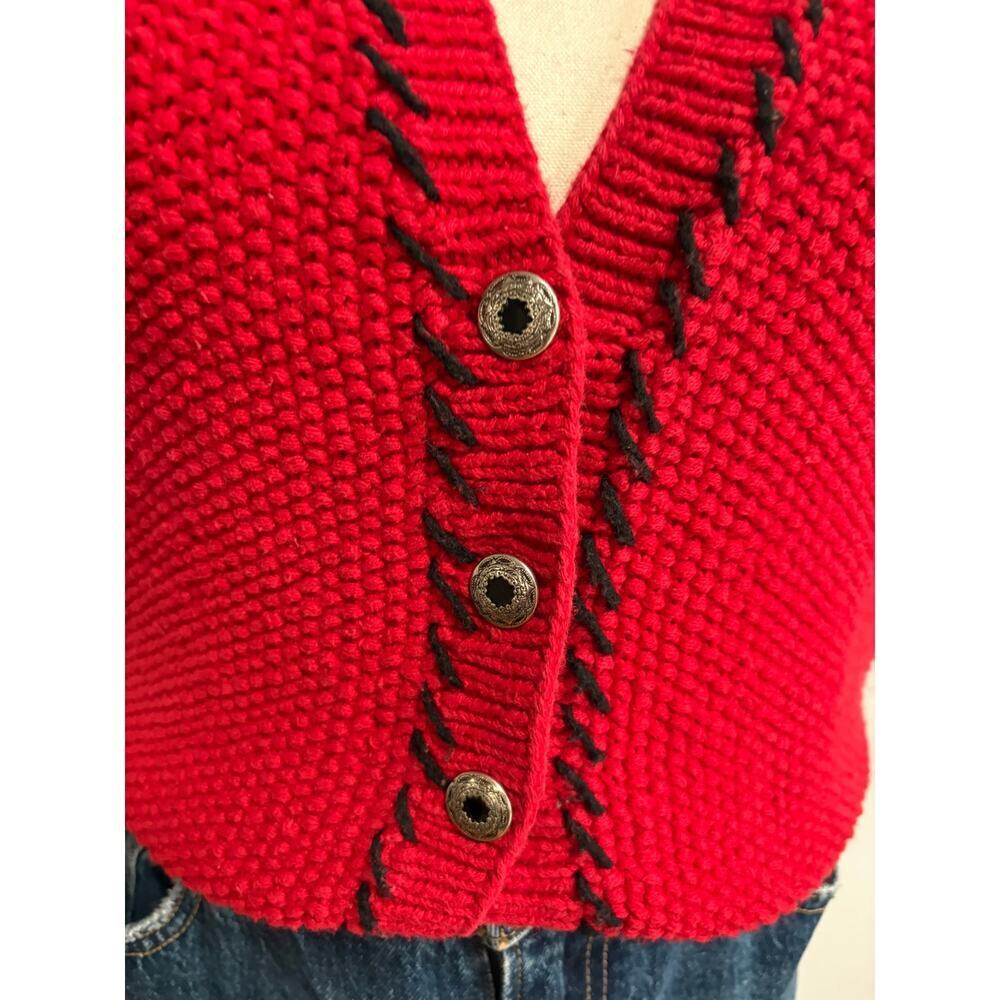 Vintage Lizsport Hand Knit Red Linen Cotton Button Vest Womens S Western Sweater - Picture 2 of 7